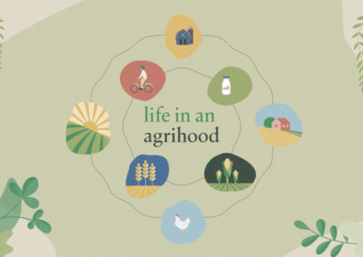 Life in an Agrihood illustrated graphic of farm, milk, corn, fields, chicken