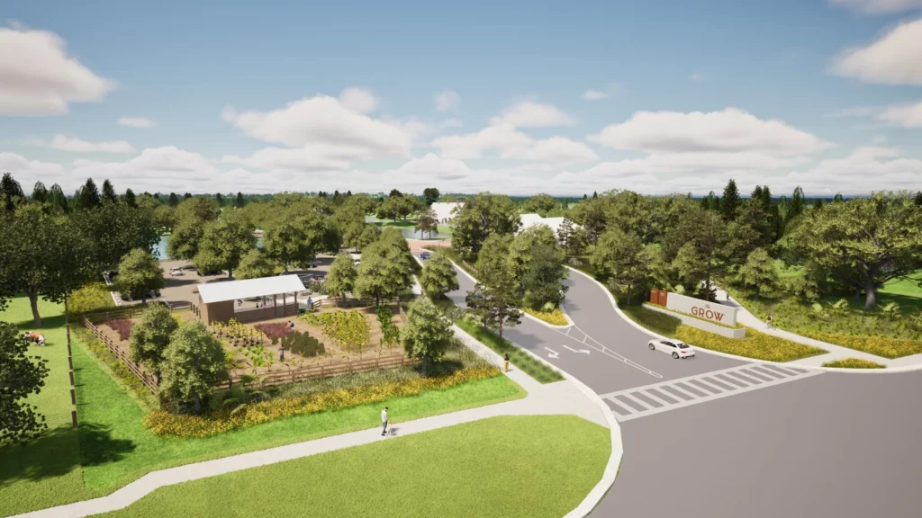 aerial rendering of The Grow Orlando agrihood - the entrance from East Colonial Drive shows the farm stand and demo garden on the left