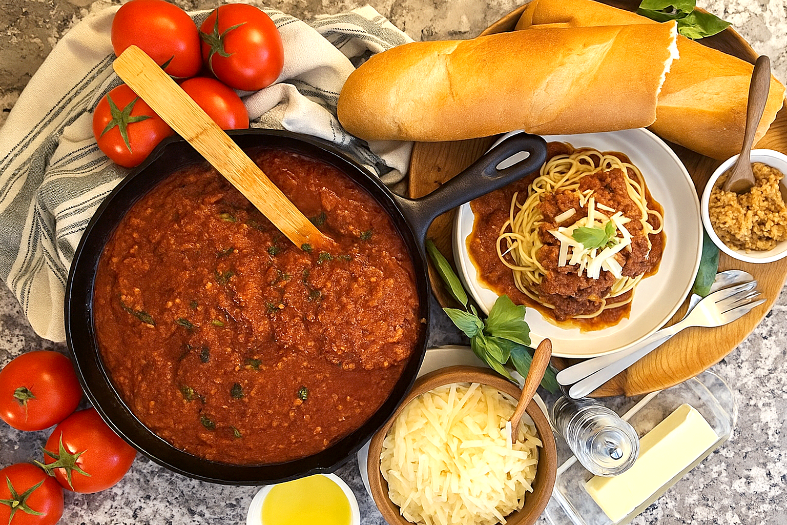 colorful image of Sunday gravy, Italian family-style, surrounded by tomatoes, bread, and cheese