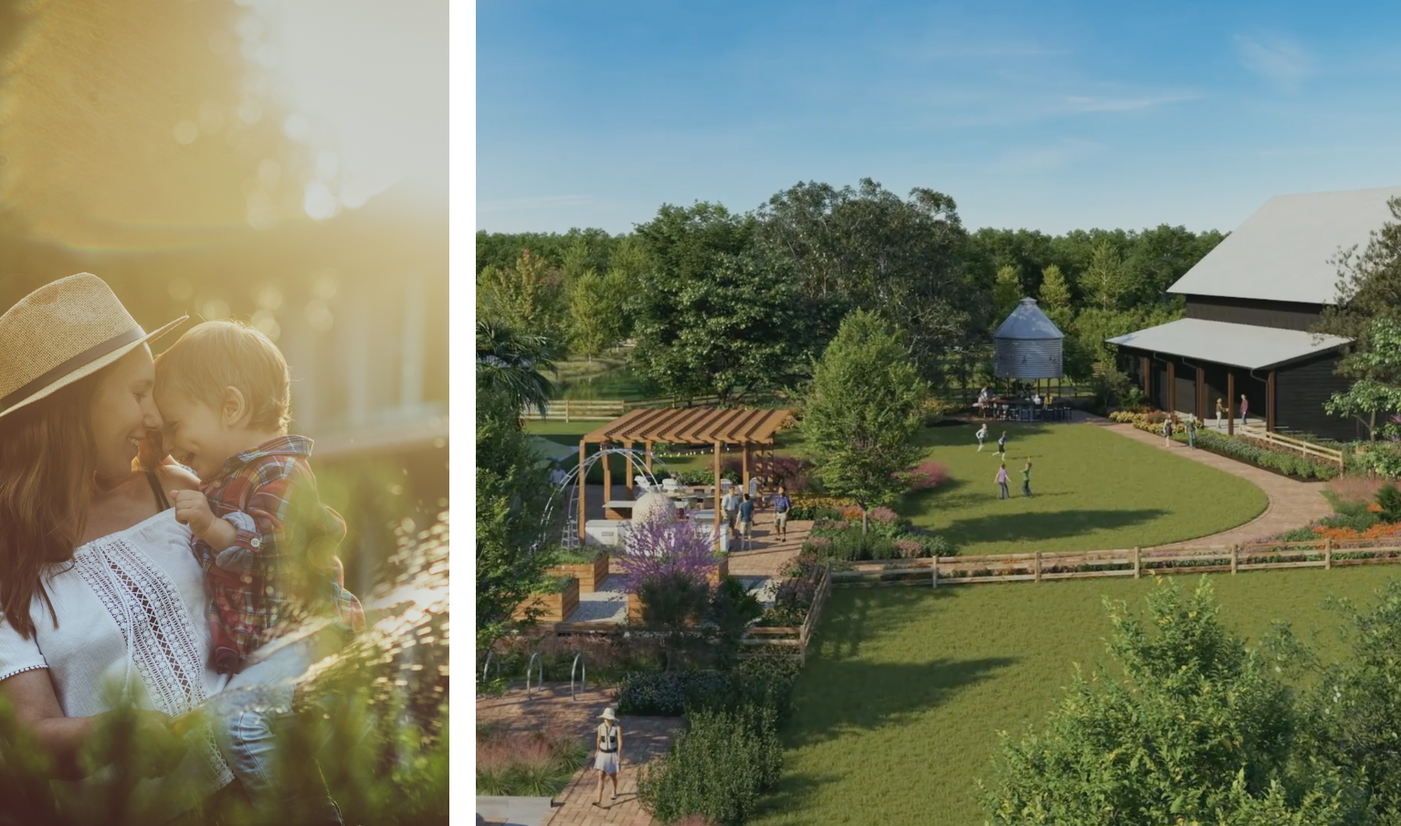 woman and child at dusk and amenity courtyard
